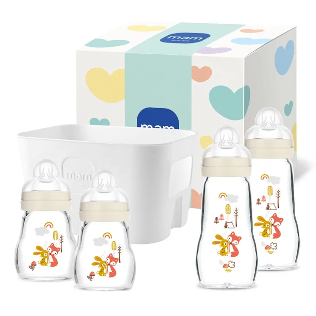 mam-feel-good-glass-bottle-set-0-monate-4-glasflaschen-1-flaschenkorb-beige image 1