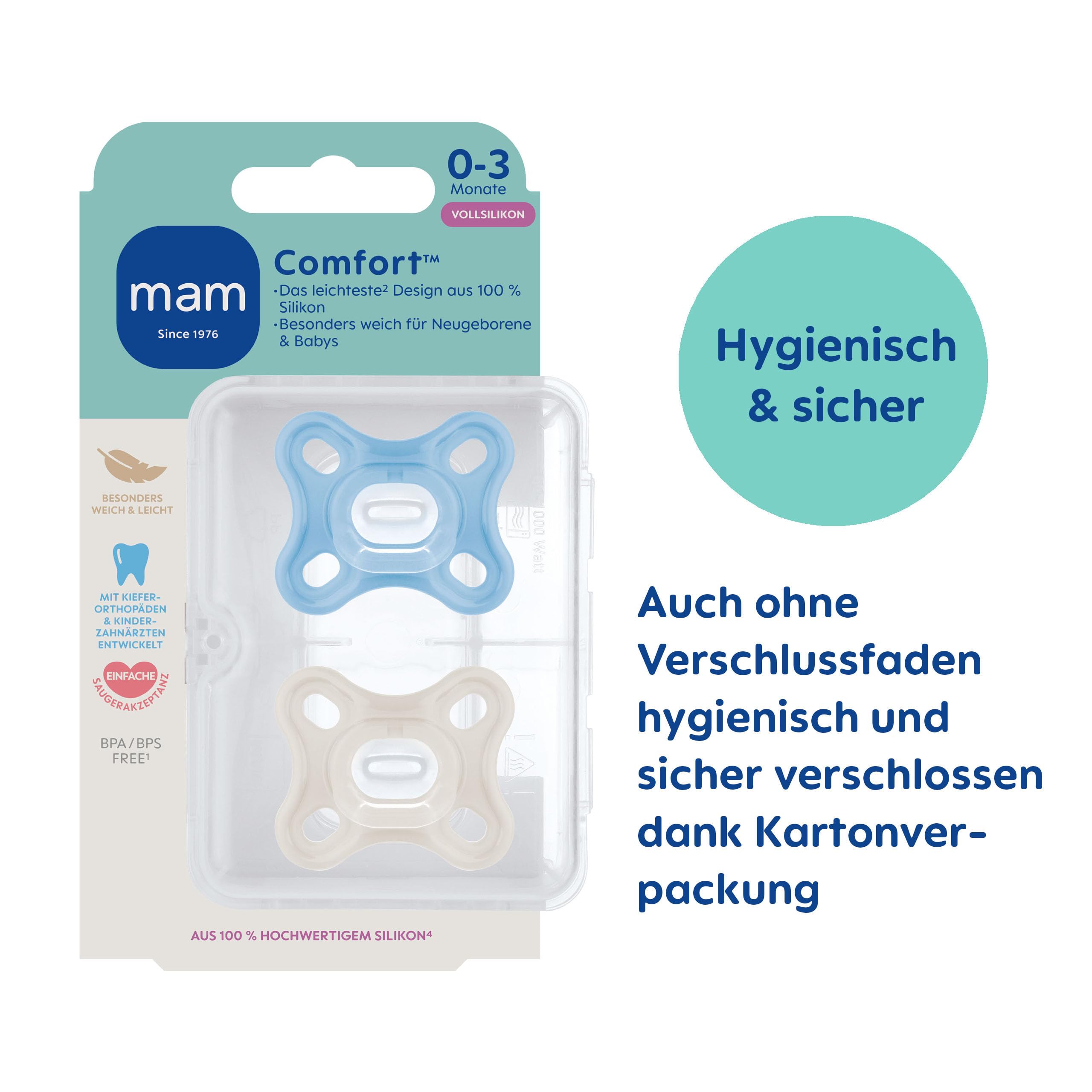 mam-comfort-schnuller-0-3-monate-100-silikon-f-r-fr-h-und-neugeborene-blau-beige image 2