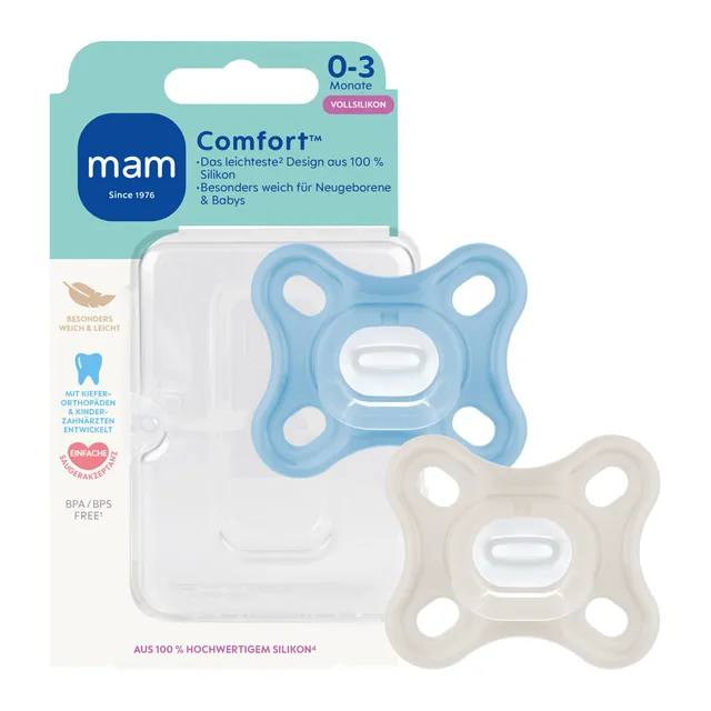 mam-comfort-schnuller-0-3-monate-100-silikon-f-r-fr-h-und-neugeborene-blau-beige image 1