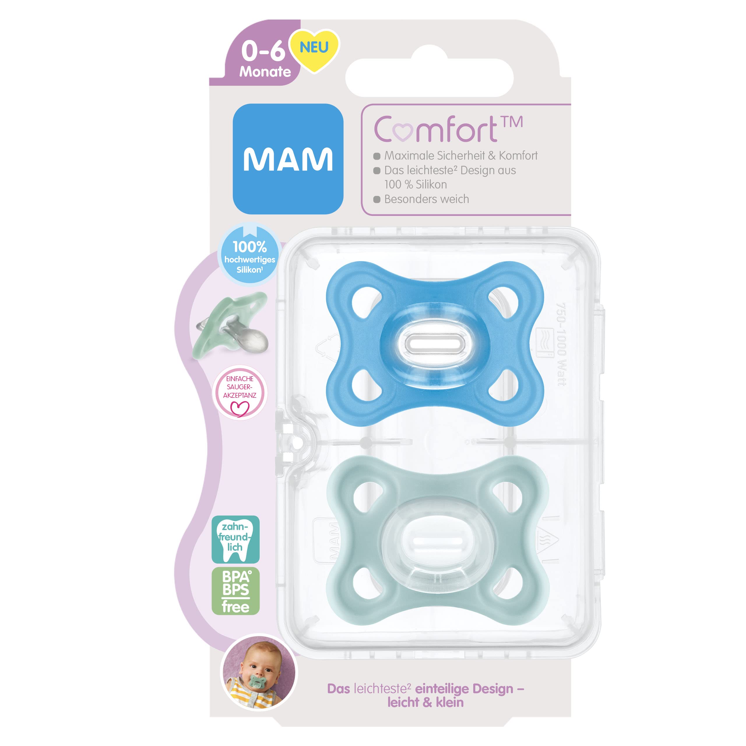 mam-comfort-schnuller-2er-set-0-6-monate-100-silikon-skinsoft-saugteil-blau-mint image 2