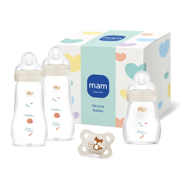 mam-feel-good-glasflasche-geschenk-set-3-glas-babyflaschen-0-monate-mit-skinsoft image 1
