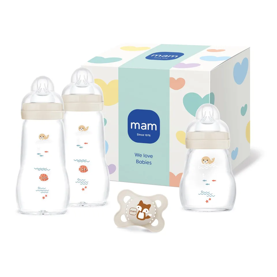 mam-feel-good-glasflasche-geschenk-set-3-glas-babyflaschen-0-monate-mit-skinsoft image 1